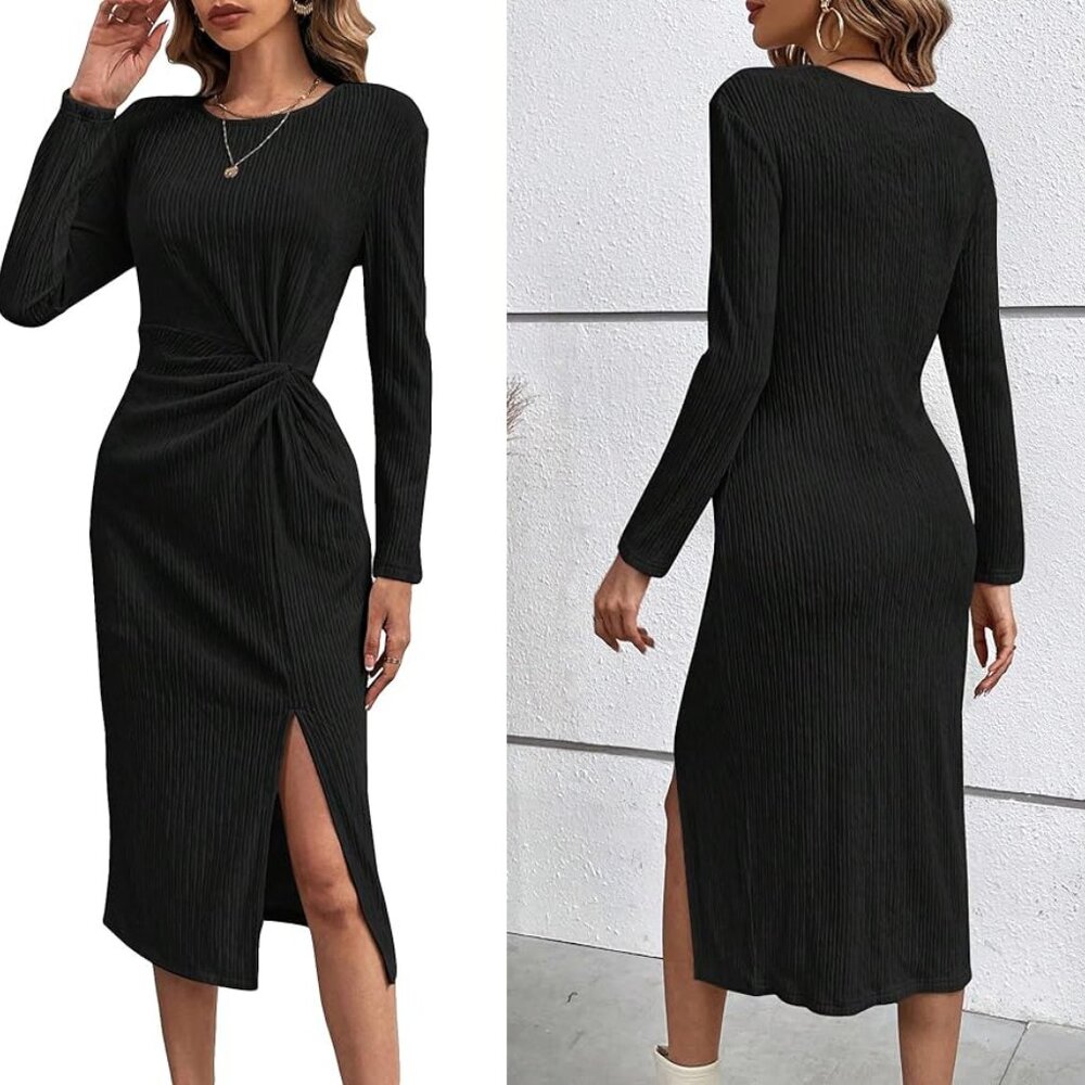 Long Sleeve Black Midi Dress, Size Medium, LBD